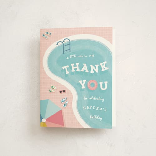 This is a coral kids thank you cards with standard by Lisa McLean called cool pool party printing on strathmore in standard