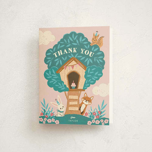 This is a apricot kids thank you cards with standard by Vivian Yiwing called woodland birthday printing on strathmore in standard