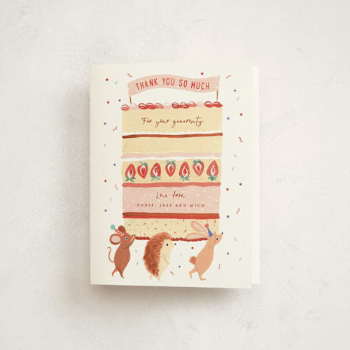 This is a strawberry shortcake kids thank you cards with standard by Sarah Knight called cake carry printing on strathmore in standard