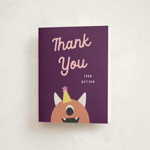 This is a aubergine kids thank you cards with standard by Morgan Kendall called monsters printing on strathmore in standard