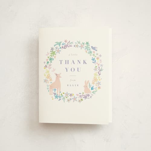 This is a ivory kids thank you cards with standard by Lori Wemple called woodland printing on strathmore in standard