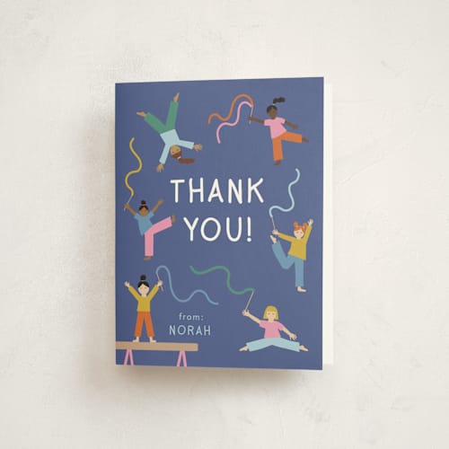 This is a blueberry kids thank you cards with standard by Kelly Watkins called tumbling party printing on strathmore in standard