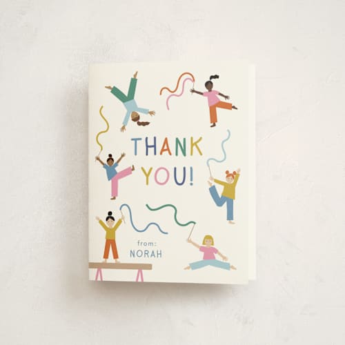 This is a candy kids thank you cards with standard by Kelly Watkins called tumbling party printing on strathmore in standard