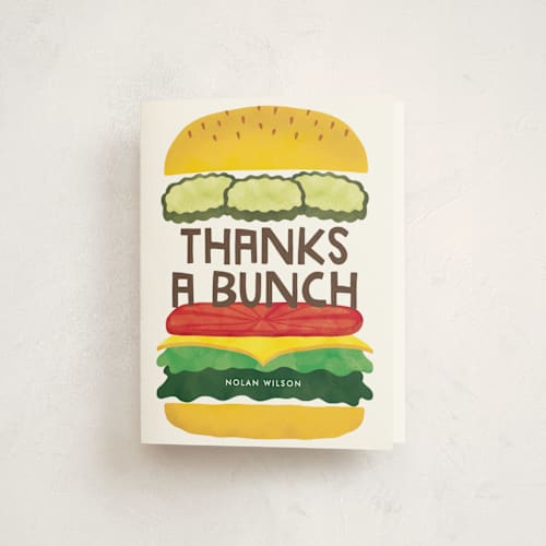 This is a classic kids thank you cards with standard by Lehan Veenker called birthday burger printing on strathmore in standard