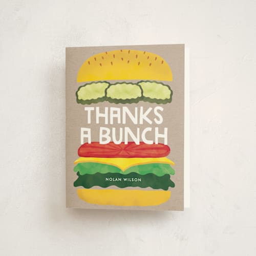This is a kraft kids thank you cards with standard by Lehan Veenker called birthday burger printing on strathmore in standard