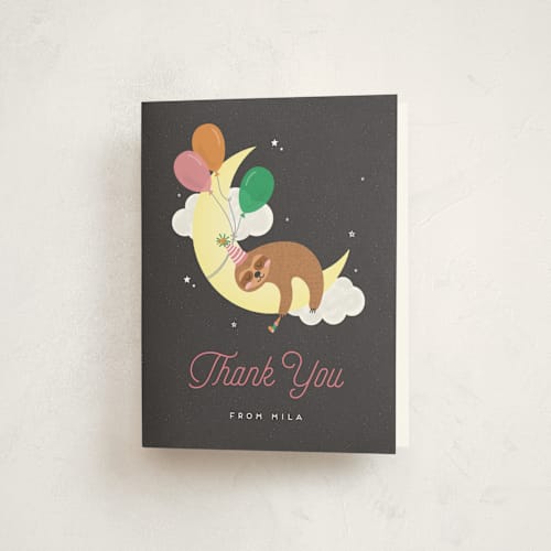 This is a midnight kids thank you cards with standard by Erica Krystek called slumber sloth printing on strathmore in standard