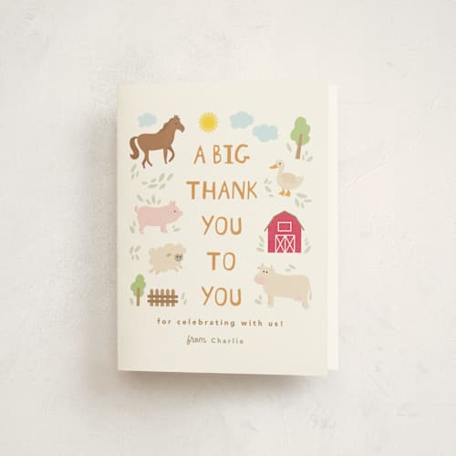 This is a cotton kids thank you cards with standard by Creo Study called barnyard noises printing on strathmore in standard