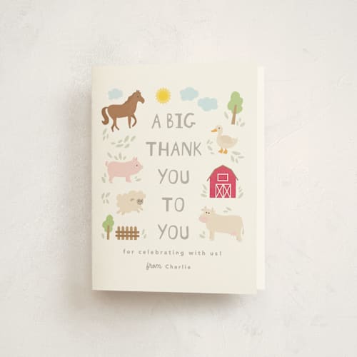 This is a cloud kids thank you cards with standard by Creo Study called barnyard noises printing on strathmore in standard