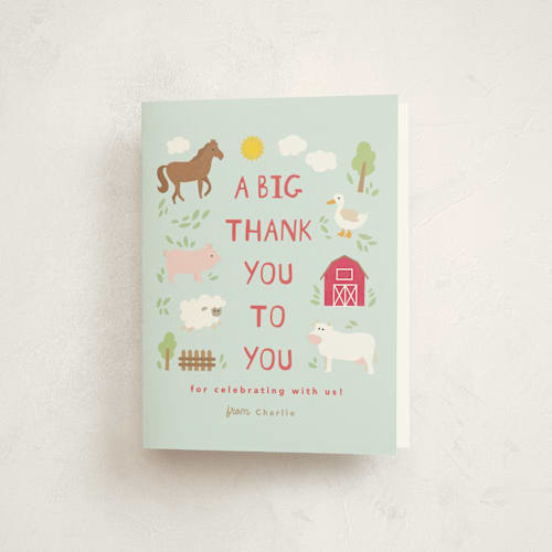 This is a sky kids thank you cards with standard by Creo Study called barnyard noises printing on strathmore in standard