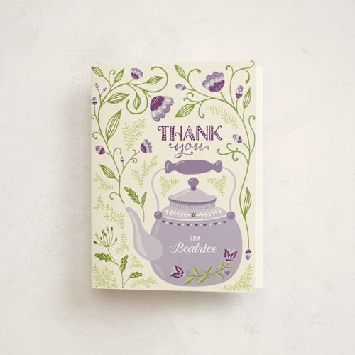 This is a lilac kids thank you cards with standard by Erin Deegan called garden tea party printing on strathmore in standard