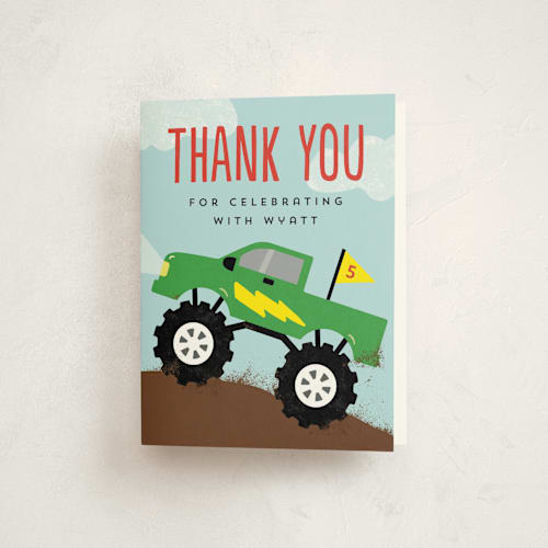 This is a lime kids thank you cards with standard by Erica Krystek called monster truck printing on strathmore in standard