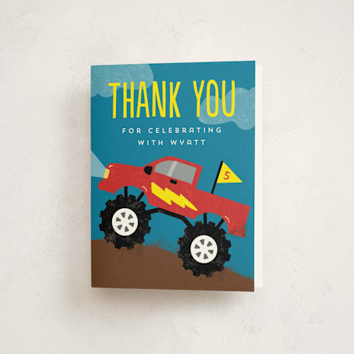 This is a cherry kids thank you cards with standard by Erica Krystek called monster truck printing on strathmore in standard