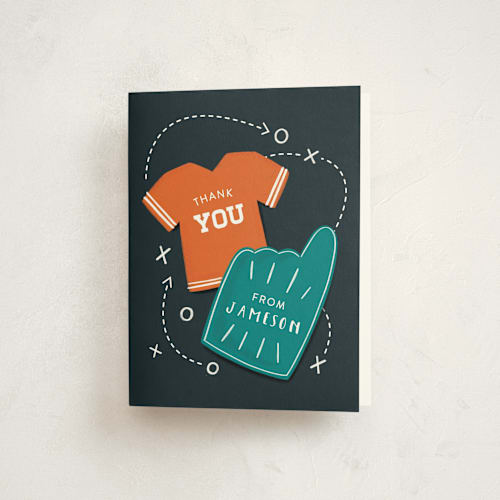 This is a fall leaf kids thank you cards with standard by JeAnna Casper called sports printing on strathmore in standard