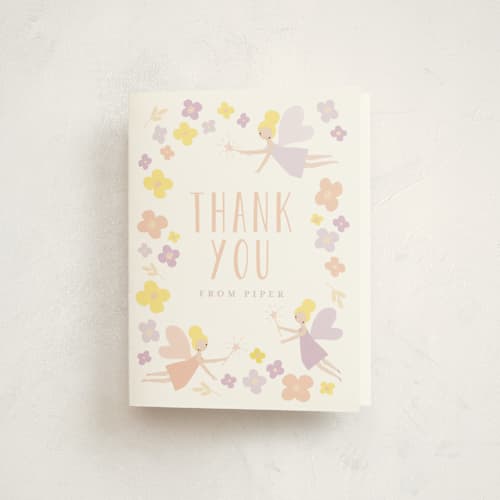 This is a peach kids thank you cards with standard by Angela Thompson called fairy garden printing on strathmore in standard