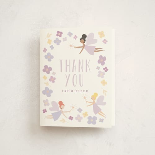 This is a lavender kids thank you cards with standard by Angela Thompson called fairy garden printing on strathmore in standard