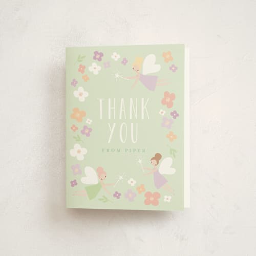 This is a mint kids thank you cards with standard by Angela Thompson called fairy garden printing on strathmore in standard