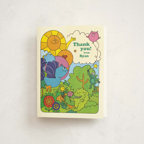This is a summer kids thank you cards with standard by Morgan Ramberg called birthday groove printing on strathmore in standard