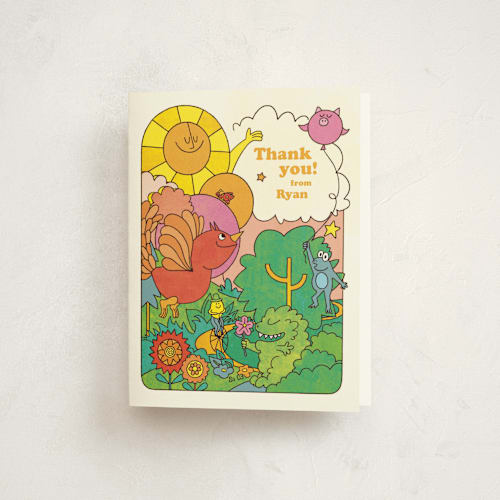 This is a melon kids thank you cards with standard by Morgan Ramberg called birthday groove printing on strathmore in standard