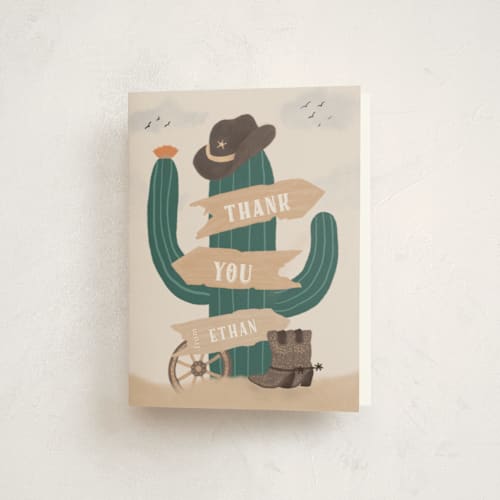 This is a sand kids thank you cards with standard by Jelena Vuletic called cowboy party printing on strathmore in standard