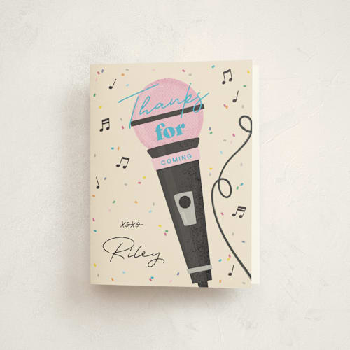 This is a electric blue kids thank you cards with standard by Lisa McLean called karaoke time printing on strathmore in standard