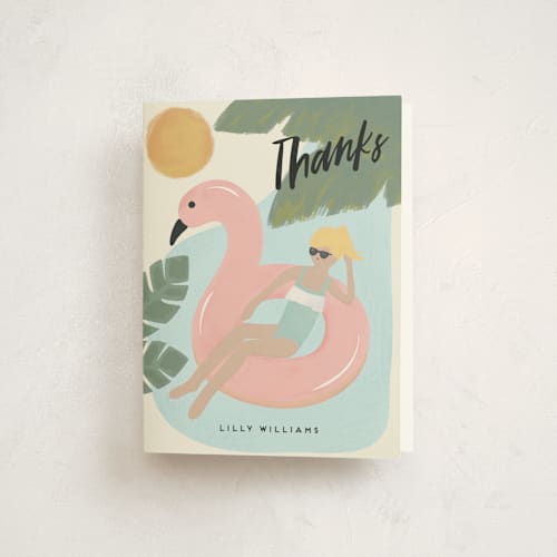 This is a aqua marine kids thank you cards with standard by Faith Dorn called splash flamingo printing on strathmore in standard