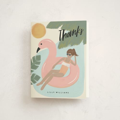 This is a tangerine kids thank you cards with standard by Faith Dorn called splash flamingo printing on strathmore in standard