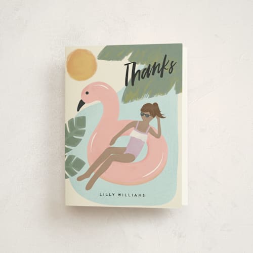 This is a lilac kids thank you cards with standard by Faith Dorn called splash flamingo printing on strathmore in standard
