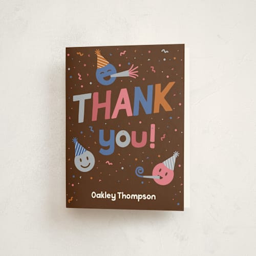 This is a chocolate kids thank you cards with standard by Jennifer Lew called my crib printing on strathmore in standard