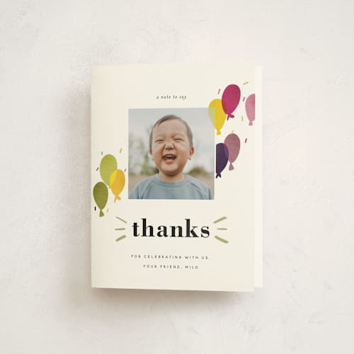 This is a olive kids thank you cards with standard by Stephanie Hawkes called balloon overlay printing on strathmore in standard