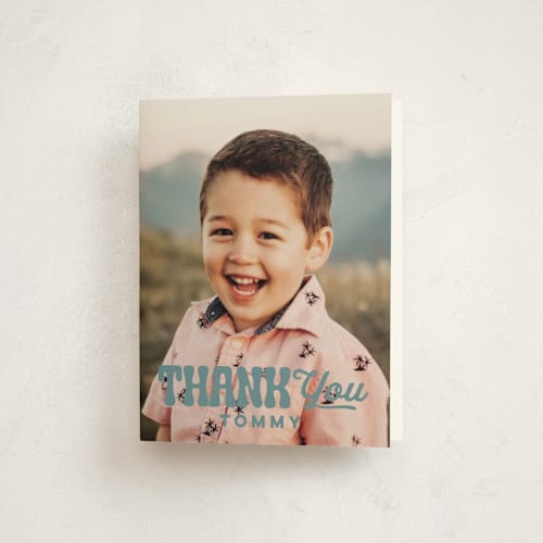This is a teal kids thank you cards with standard by Jessie Steury called vibe printing on strathmore in standard
