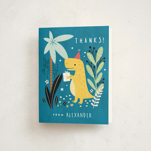 This is a jungle kids thank you cards with standard by Cindy Chu called three-rex printing on strathmore in standard