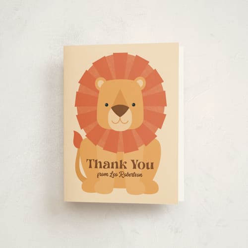 This is a sand kids thank you cards with standard by Kacey Kendrick Wagner called wild lion printing on strathmore in standard