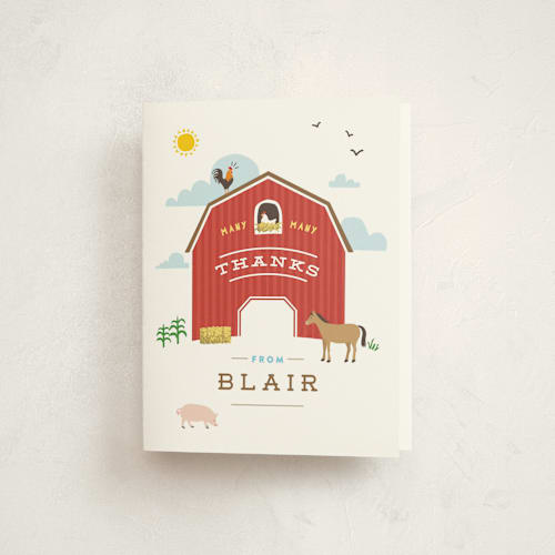 This is a barn kids thank you cards with standard by Jennifer Wick called big red barn printing on strathmore in standard