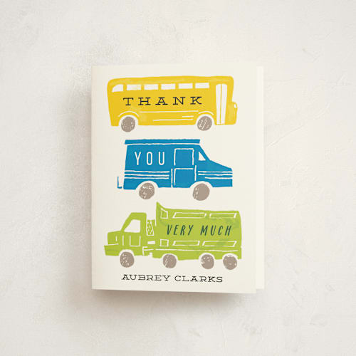 This is a bright turquoise kids thank you cards with standard by Shiny Penny Studio called things that g0 printing on strathmore in standard