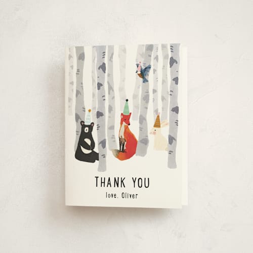 This is a snow kids thank you cards with standard by Morgan Kendall called woodland winter printing on strathmore in standard
