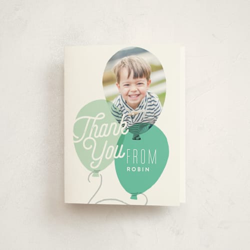 This is a azure kids thank you cards with standard by Alethea and Ruth called balloon party printing on strathmore in standard