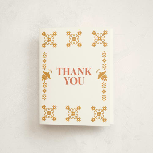 This is a peach kids thank you cards with standard by Eva Tadros called let's fiesta printing on strathmore in standard