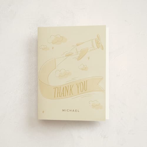 This is a mustard kids thank you cards with standard by Vera Lim called fly with me printing on strathmore in standard