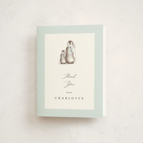 This is a ice kids thank you cards with standard by Teju Reval called penguins printing on strathmore in standard