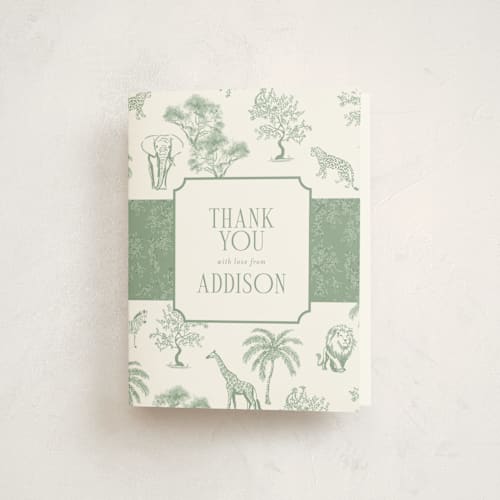This is a palm kids thank you cards with standard by Jenna Holcomb called safari toile printing on strathmore in standard