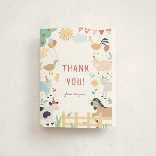 This is a barn kids thank you cards with standard by peetie design called barnyard fun printing on strathmore in standard