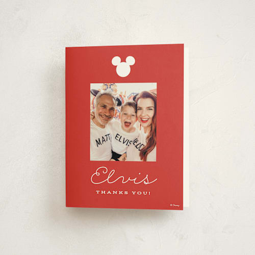 This is a persimmon kids thank you cards with standard by Sara Hicks Malone called disney's mickey party printing on strathmore in standard