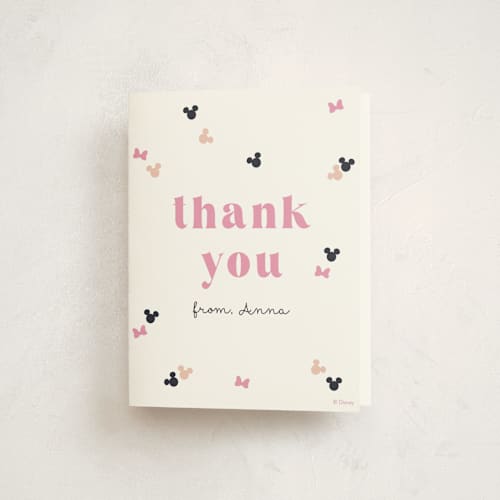 This is a peony kids thank you cards with standard by Annie Holmquist called disney's minnie mouse confetti printing on strathmore in standard