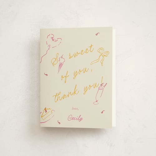 This is a buttersotch kids thank you cards with standard by Sarah Rosenthal called sweets & treats printing on strathmore in standard