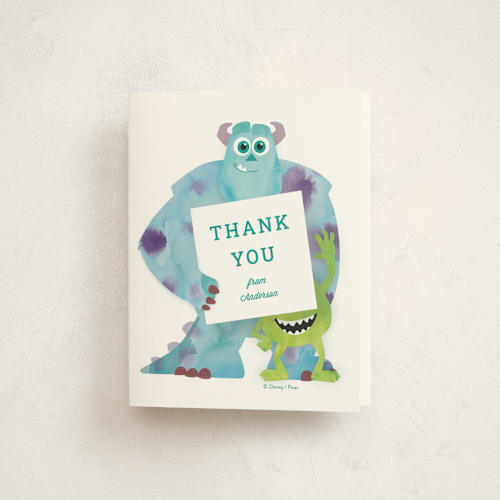 This is a marshmallow kids thank you cards with standard by Holly Whitcomb called disney and pixar's monster's inc party printing on strathmore in standard