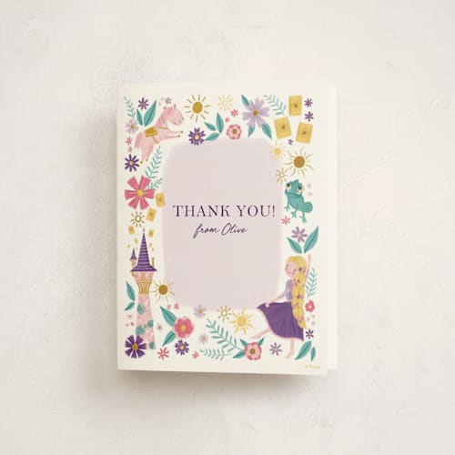 This is a lilac kids thank you cards with standard by Katherine Dietz called disney's tangled floral birthday invite printing on strathmore in standard