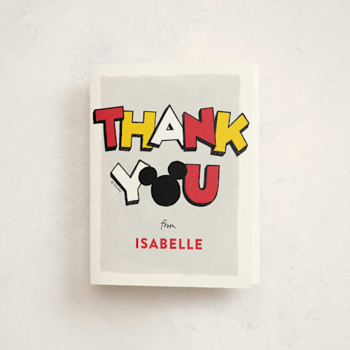 This is a traditional kids thank you cards with standard by Pixel and Hank called a disney mickey party printing on strathmore in standard