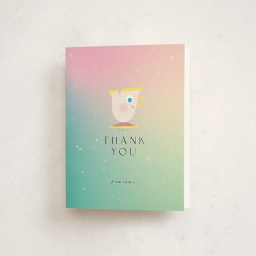 This is a teal kids thank you cards with standard by Lori Wemple called belle from disney's beauty and the beast printing on strathmore in standard