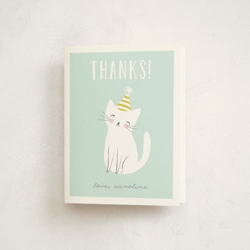 This is a spearmint kids thank you cards with standard by Angela Thompson called party cat printing on strathmore in standard