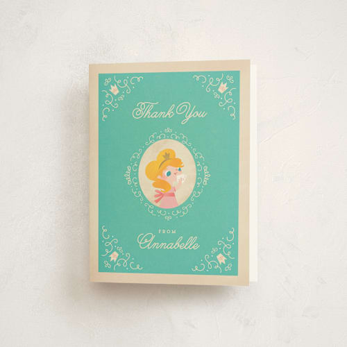 This is a turquoise kids thank you cards with standard by Lori Wemple called princess tea printing on strathmore in standard